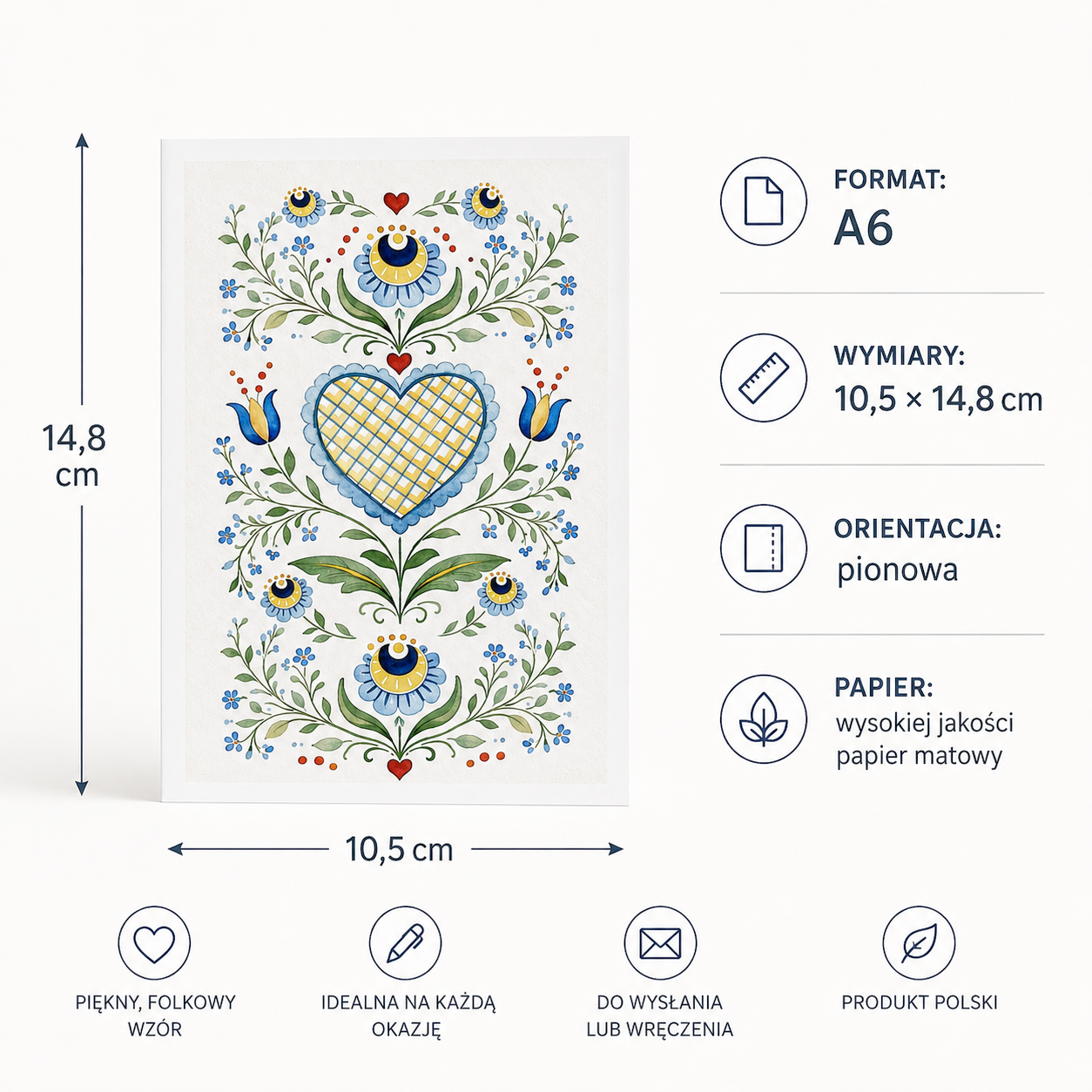 Kartka A6 z folklorystycznym wzorem kwiatowym – format 10,5 × 14,8 cm