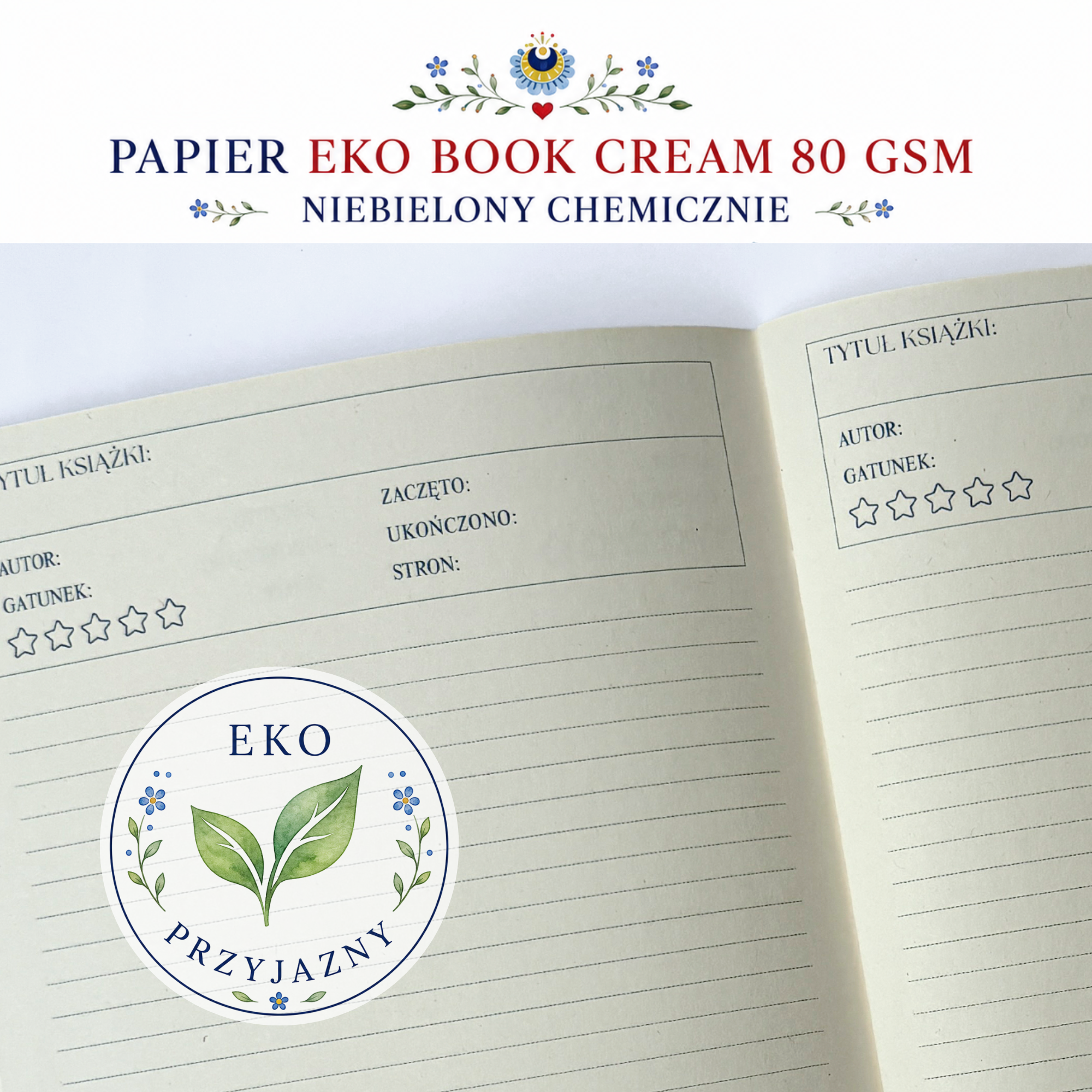 Wnętrze dziennika czytelniczego – papier eko, niebielony chemicznie