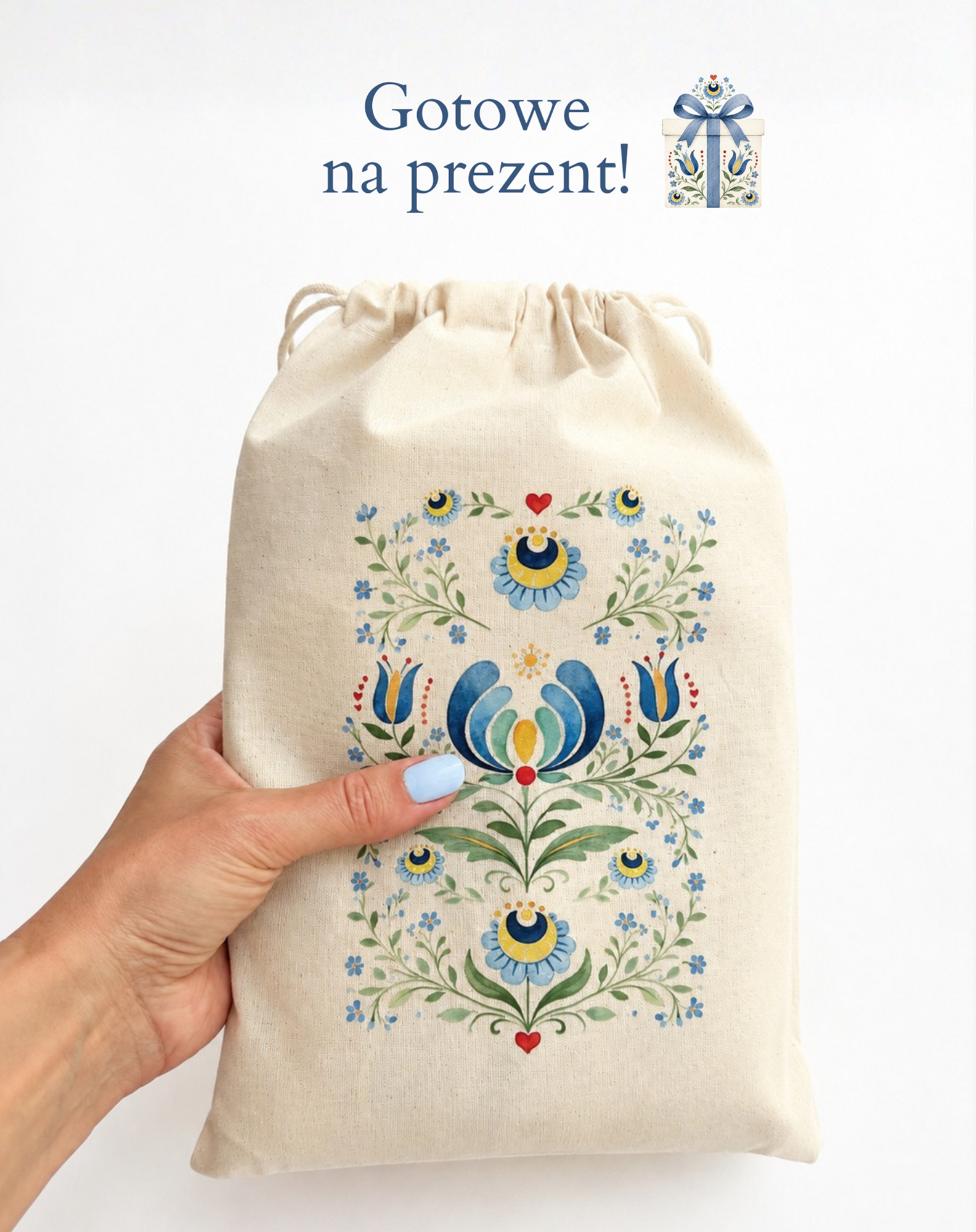 Torba z kaszubskim tulipanem zapakowana w bawełniany woreczek prezentowy