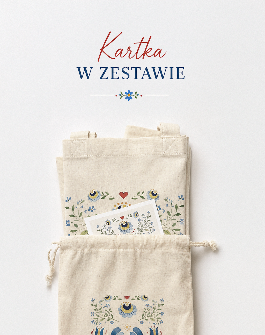 Zestaw prezentowy z torbą, woreczkiem i kartką z kaszubskim motywem