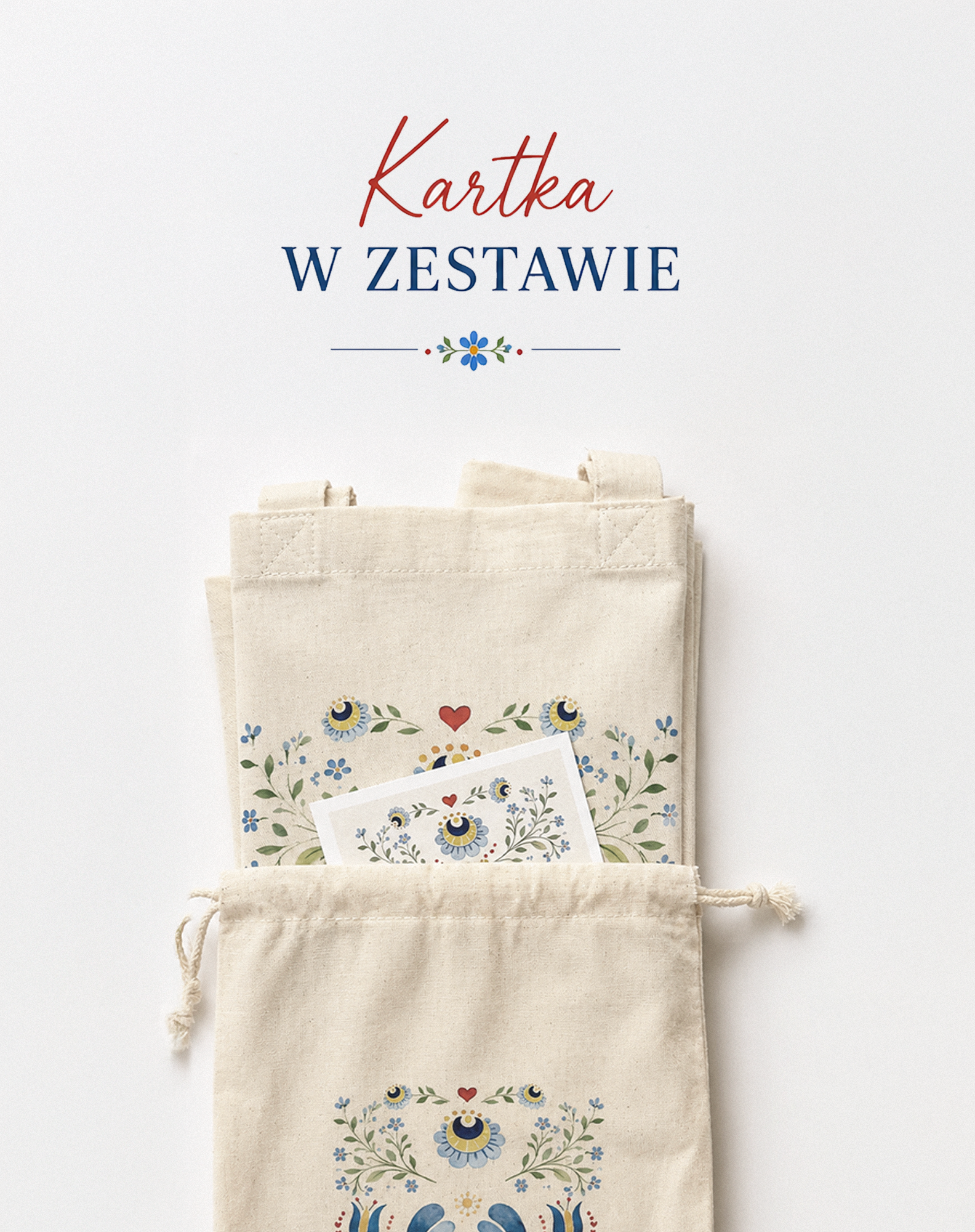 Zestaw prezentowy z torbą, woreczkiem i kartką z kaszubskim motywem